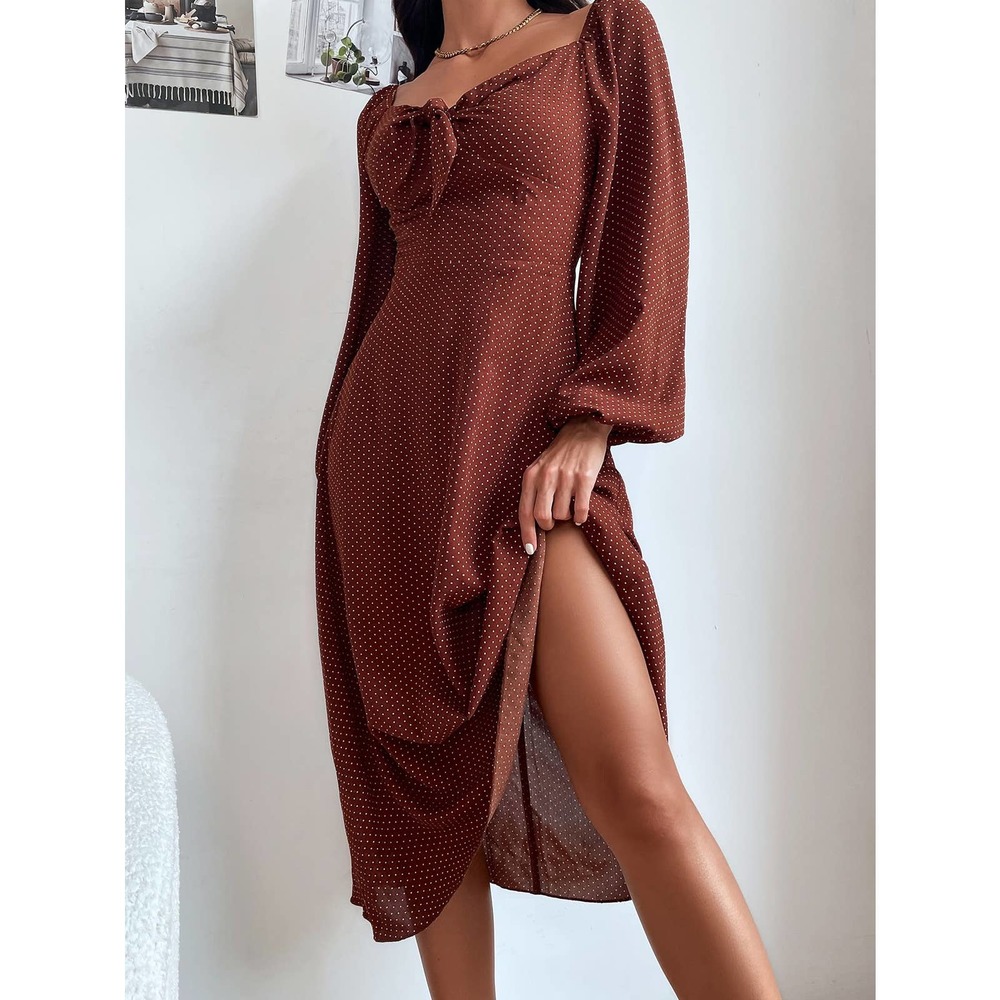 Polka Dot Print Knot Front Lantern long sleeve midi Dress rust brown - Picture 2 of 8